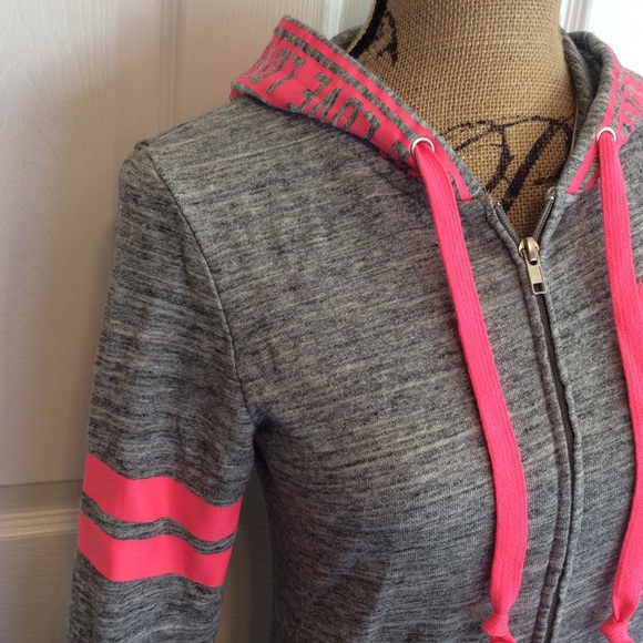 Reflex “Love” zip up light gray hoodie sweater neon pink text junior’s M school - Picture 5 of 14